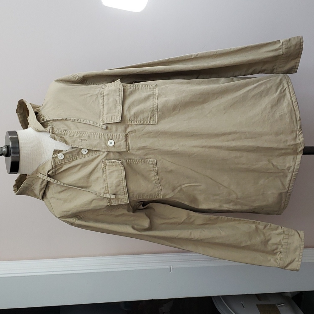 Free Assembly Khaki Tan Cotton Hooded Popover Shirt, Size Small